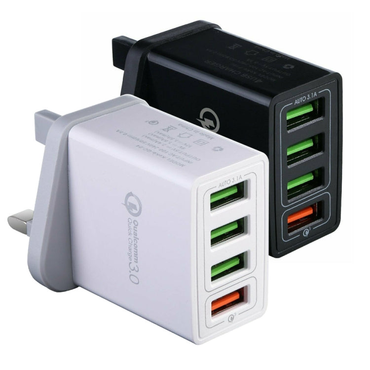 2 in 1 1m USB to 8 Pin Data Cable + 30W QC 3.0 4 USB Interfaces Mobile Phone Tablet PC Universal Quick Charger Travel Charger Set, UK Plug, 8 Pin Set UK Plug
