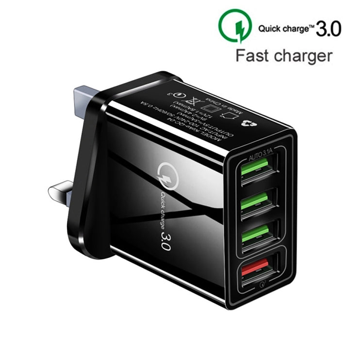 2 in 1 1m USB to 8 Pin Data Cable + 30W QC 3.0 4 USB Interfaces Mobile Phone Tablet PC Universal Quick Charger Travel Charger Set, UK Plug, 8 Pin Set UK Plug