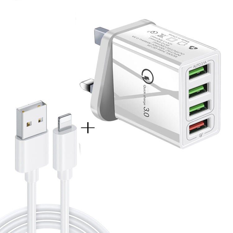 2 in 1 1m USB to 8 Pin Data Cable + 30W QC 3.0 4 USB Interfaces Mobile Phone Tablet PC Universal Quick Charger Travel Charger Set, UK Plug, 8 Pin Set UK Plug