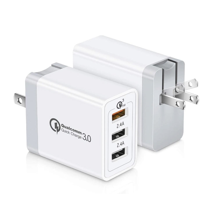 SDC-30W 2 in 1 USB to 8 Pin Data Cable + 30W QC 3.0 USB + 2.4A Dual USB 2.0 Ports Mobile Phone Tablet PC Universal Quick Charger Travel Charger Set, US Plug, with 8 Pin Cable, US Plug
