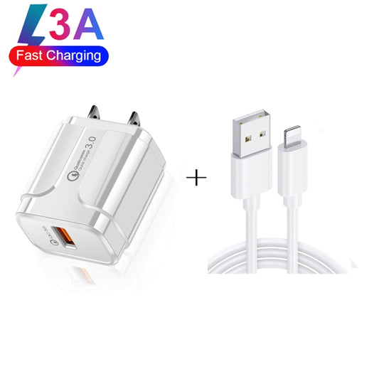LZ-023 18W QC 3.0 USB Portable Travel Charger + 3A USB to 8 Pin Data Cable, US Plug, USB to 8 Pin Data Cable, US Plug, 8 Pin Data Cable, US Plug