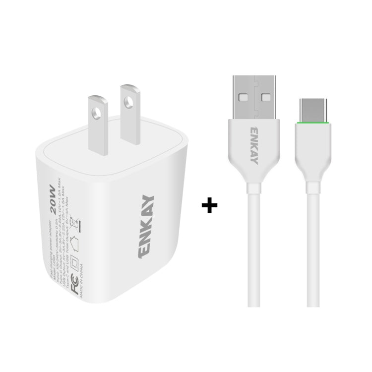 ENKAY Hat-Prince 20W PD Type-C + QC 3.0 USB Fast Charging Travel Charger Power Adapter with Fast Charge Data Cable, US Plug, With 8 Pin Cable, With Type-C Cable, With Micro USB Cable