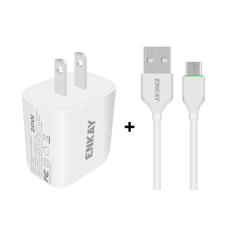 ENKAY Hat-Prince 20W PD Type-C + QC 3.0 USB Fast Charging Travel Charger Power Adapter with Fast Charge Data Cable, US Plug, With 8 Pin Cable, With Type-C Cable, With Micro USB Cable