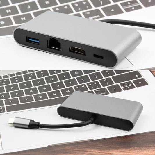 WS-07 Type-C 3.1 to RJ45 + HDMI + USB3.0 + PD 4-in-1 Converter Multifunctional Docking Station, WS-07