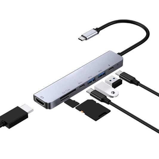 7 in 1 Type-C to HDMI + SD/TF + 2 x Type-C + 2 x USB3.0 Multi-function Splitter Adapter
