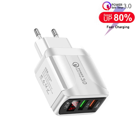 F002C QC3.0 USB + USB 2.0 LED Digital Display Fast Charger with USB to Type-C Data Cable, EU Plug, EU Plug + Type-C Cable