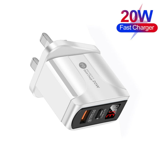 F002C QC3.0 USB + USB 2.0 LED Digital Display Fast Charger with USB to Type-C Data Cable, UK Plug, UK Plug + Type-C Cable