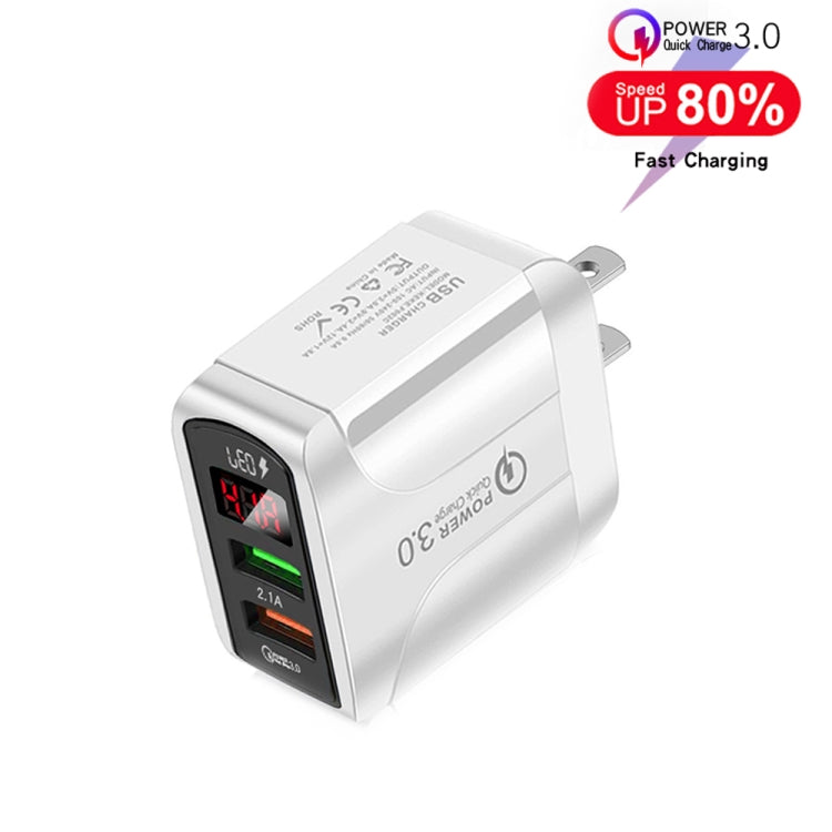F002C QC3.0 USB + USB 2.0 LED Digital Display Fast Charger with USB to 8 Pin Data Cable, US Plug, US Plug + 8 Pin Cable