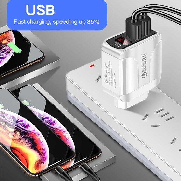 F002C QC3.0 USB + USB 2.0 LED Digital Display Fast Charger with USB to 8 Pin Data Cable, US Plug, US Plug + 8 Pin Cable