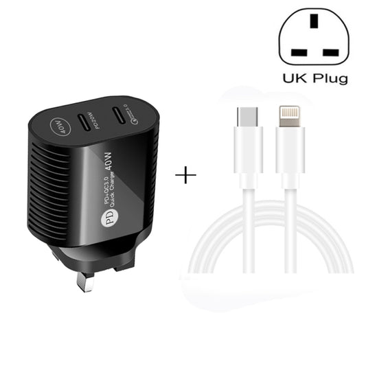 40W Dual Port PD / Type-C Fast Charger with Type-C to 8 Pin Data Cable, UK Plug, UK Plug + Type-C to 8 Pin Cable