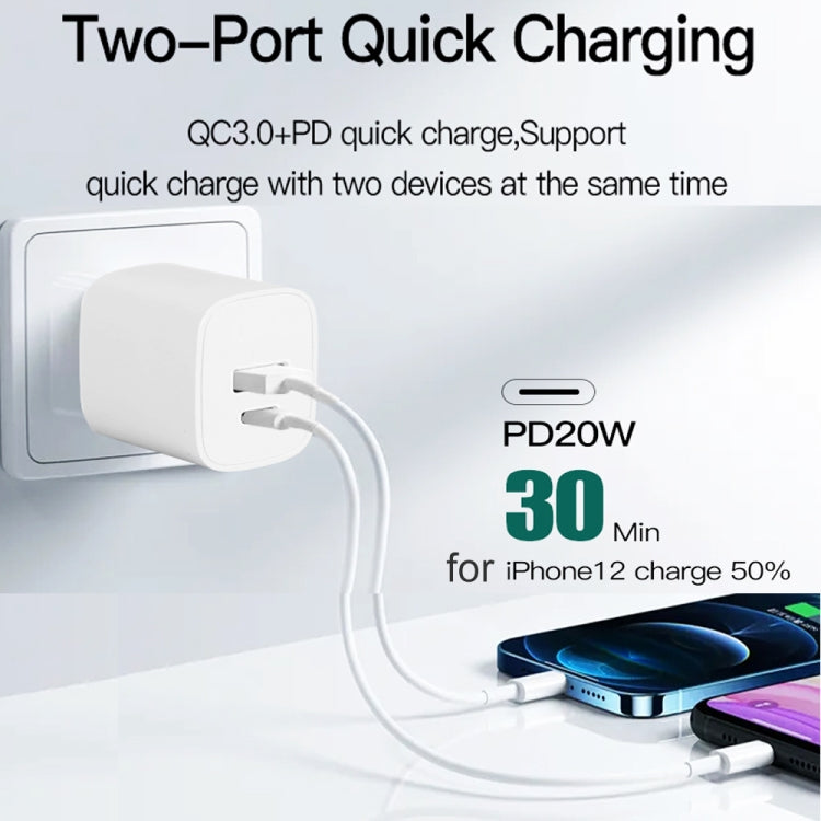 CS-20W Mini Portable PD3.0 + QC3.0 Dual Ports Fast Charger with 3A USB to 8 Pin Data Cable, Charger + USB to 8 Pin Cable