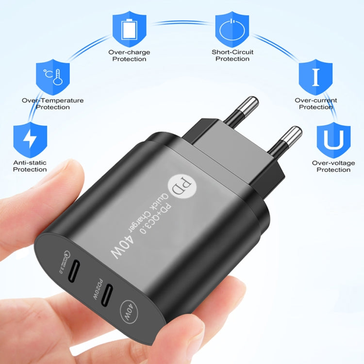 002 40W Dual Port PD / Type-C Fast Charger with USB-C to 8 Pin Data Cable, EU Plug, EU Plug + Type-C to 8 Pin Cable