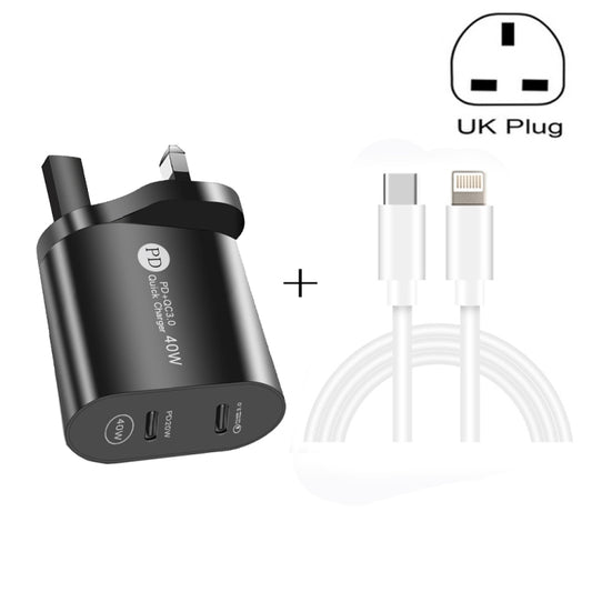 002 40W Dual Port PD / Type-C Fast Charger with USB-C to 8 Pin Data Cable, UK Plug, UK Plug + Type-C to 8 Pin Cable