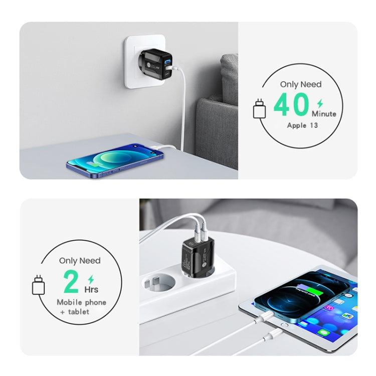 PD25W USB-C / Type-C + QC3.0 USB Dual Ports Fast Charger, US Plug, US Plug