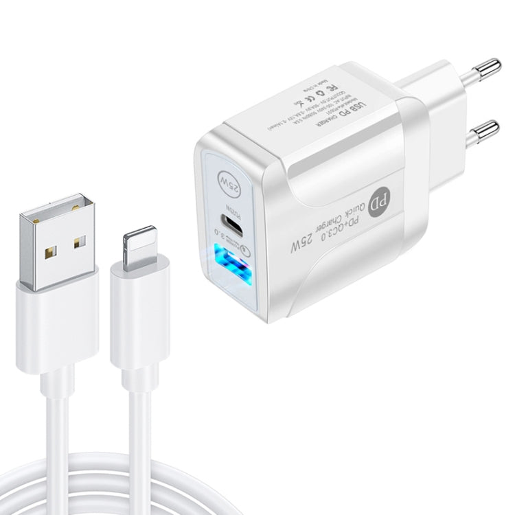 PD25W USB-C / Type-C + QC3.0 USB Dual Ports Fast Charger with USB to 8 Pin Data Cable, EU Plug, EU Plug + USB to 8 Pin Cable