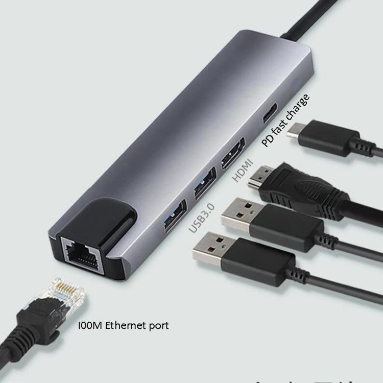 5 in 1 USB Type-C to RJ45+USB3.0 x 2+PD+HDMI HUB Adapter, RJ45+USB3.0 x 2+PD+HDMI