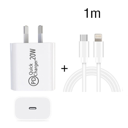 AU-20W PD USB-C / Type-C Travel Charger with USB-C to 8 Pin Data Cable, AU Plug, AU Plug + 1m 8 Pin PD Cable, AU Plug + 2m 8 Pin PD Cable