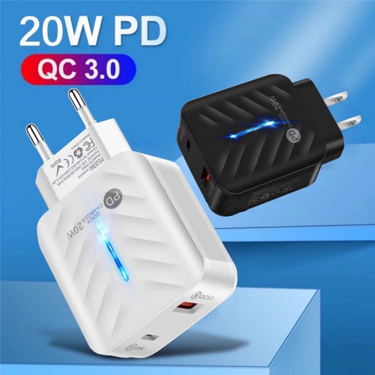 PD03 20W Type-C + QC3. 0 USB Charger with Indicator Light, EU Plug, EU Plug, EU Plug + USB to Type-C Cable