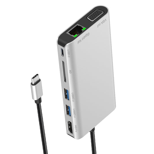 7 in 1 Type-C to RJ45+VGA+Type-C+SD Card Slot+USB3.0 x 2+HDMI Dock Hub Adapter, 7 in 1
