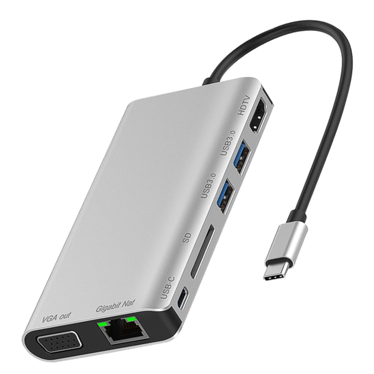 7 in 1 Type-C to RJ45+VGA+Type-C+SD Card Slot+USB3.0 x 2+HDMI Dock Hub Adapter, 7 in 1