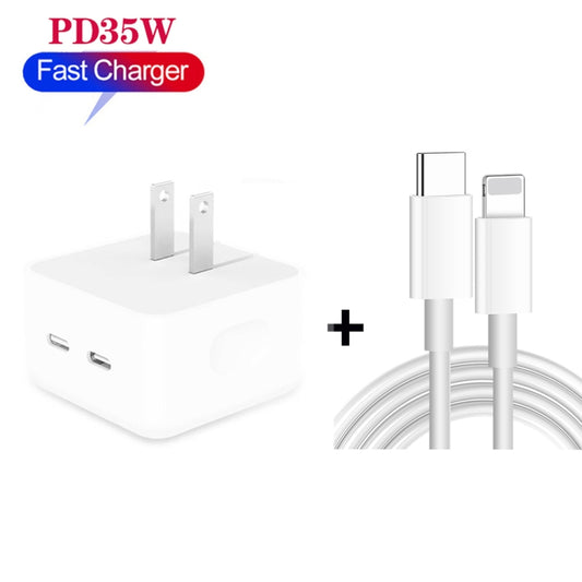 PD 35W Dual USB-C / Type-C Ports Charger with Type-C to 8 Pin Data Cable, US Plug, US Plug + 1m 8 Pin Cable, US Plug + 1.5m 8 Pin Cable, US Plug + 2m 8 Pin Cable