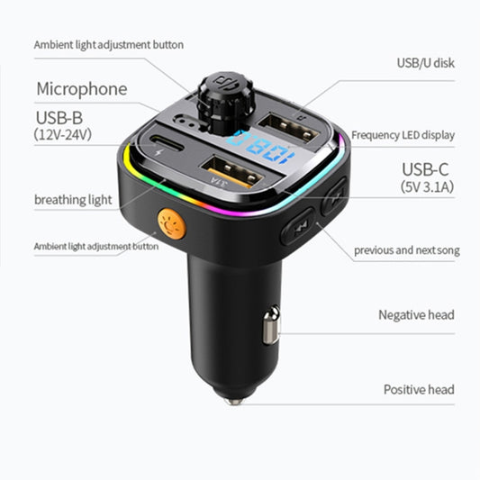 C24 Lecteur MP3 Bluetooth pour voiture, charge rapide, transmetteur FM mains libres sans fil, C24