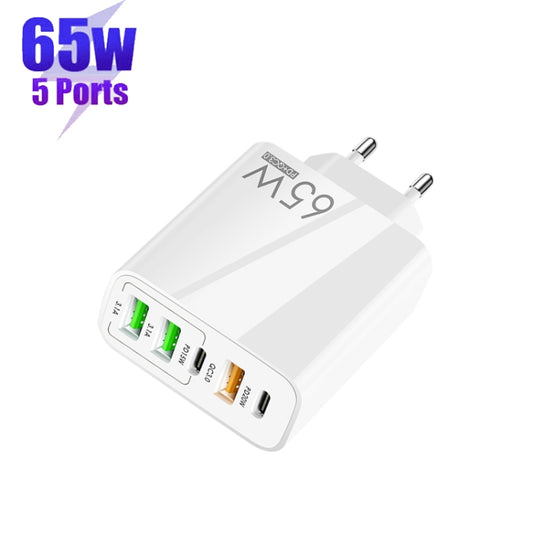 65W Dual PD Type-C + 3 x USB Multi Port Charger for Phone and Tablet PC, EU Plug, EU Plug