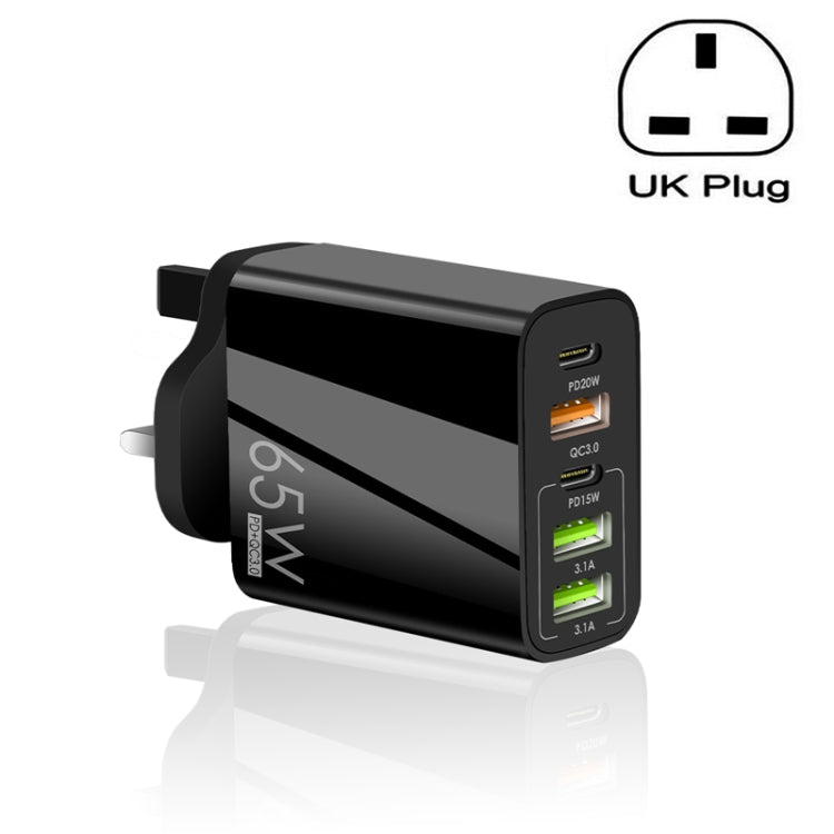 65W Dual PD Type-C + 3 x USB Multi Port Charger for Phone and Tablet PC, UK Plug, UK Plug