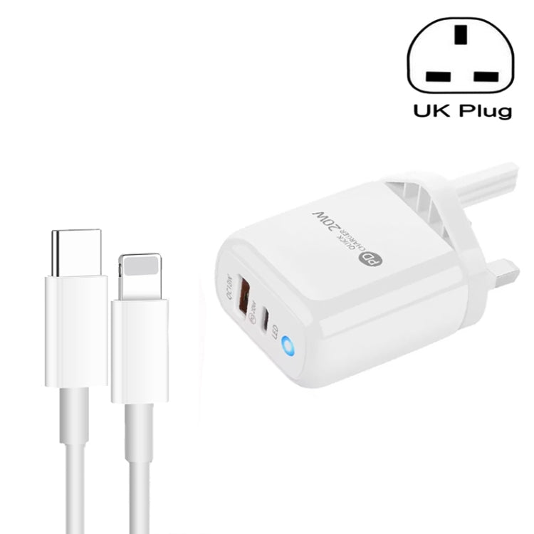 PD04 Type-C + USB Mobile Phone Charger with Type-C to 8 Pin Cable, UK Plug, UK Plug + Type-C to 8 Pin Cable