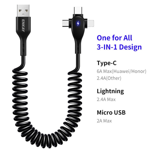ENKAY Hat-Prince 3 in 1 6A USB to 8Pin+Type-C+Micro USB Supper Fast Charge Spring Cable, Length: 1.8m, 3 in 1