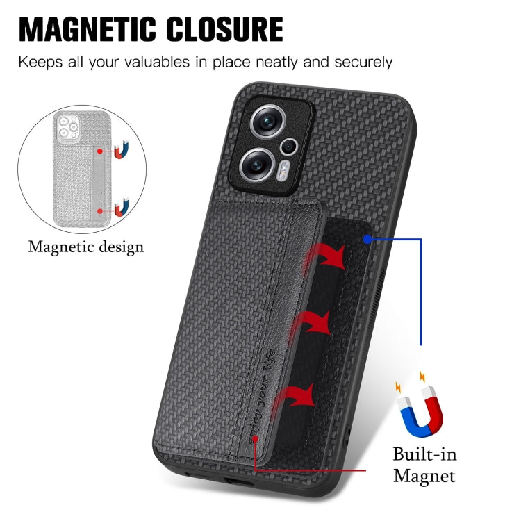 Carbon Fiber Magnetic Card Bag Phone Case, For Redmi Note 11T Pro 5G, For Redmi Note 10 4G
