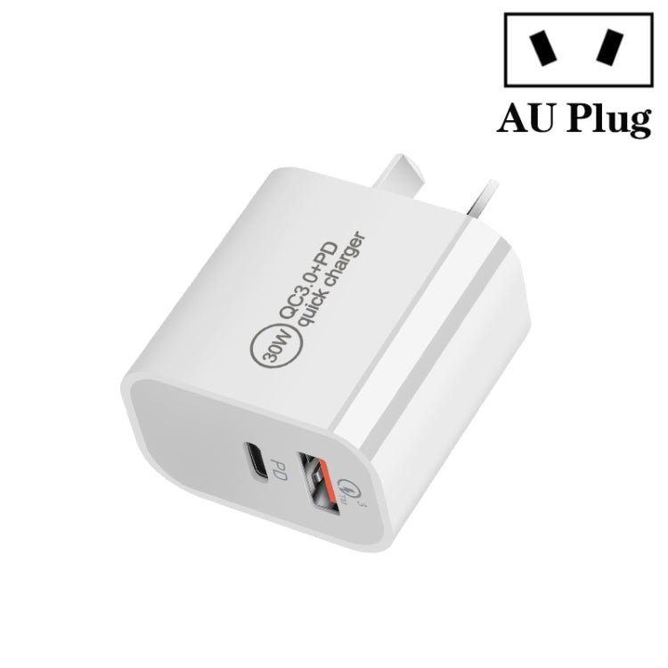 PD30W USB-C / Type-C + QC3.0 USB Dual Port Charger, EU Plug, US Plug, AU Plug
