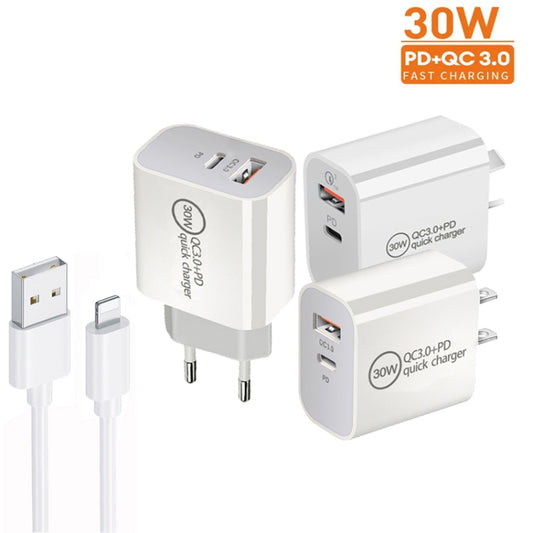 PD30W USB-C / Type-C + QC3.0 USB Dual Port Charger with 1m USB to 8 Pin Data Cable, EU Plug, US Plug, AU Plug
