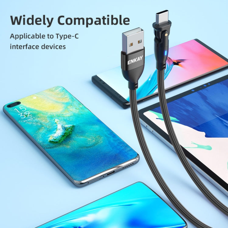 ENKAY 180 Degrees Rotating USB to Type-C 3A Fast Charging Data Cable with LED Light, 1m, 2m