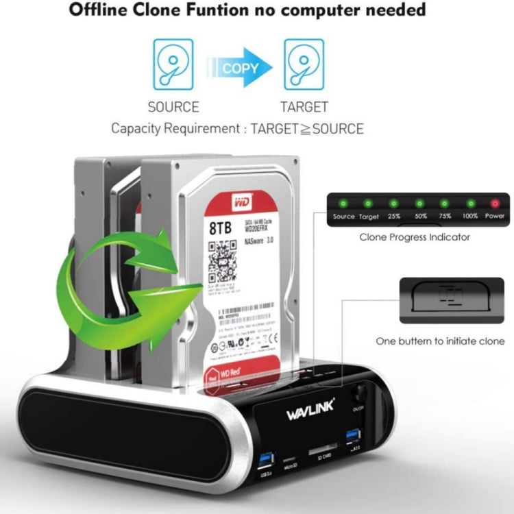 Wavlink ST336A SSD HDD Fast Offline Clone SATA USB 3.0 External Hard Drive Case, ST336A