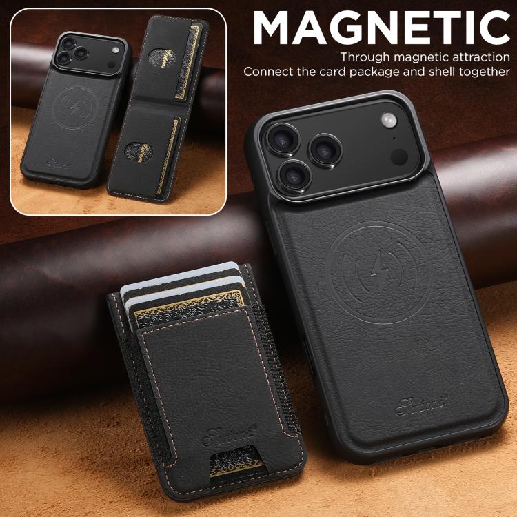 Suteni H17 Litchi Texture Leather MagSafe Detachable Wallet Phone Case