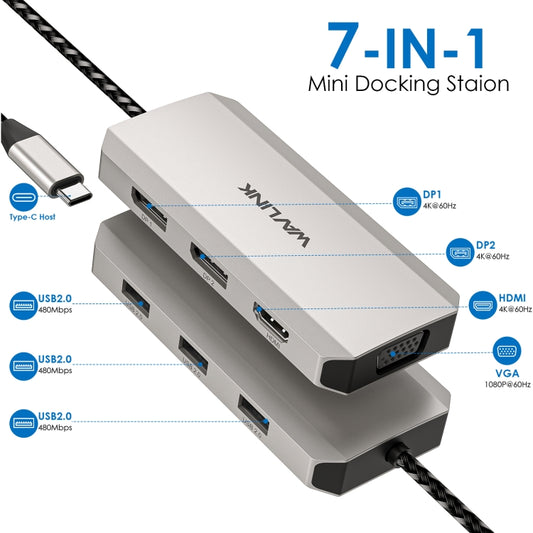 WAVLINK WL-UMD305 Hub USB-C 7-en-1 quadruple affichage 4K DP/HDMI avec adaptateur multi-ports
