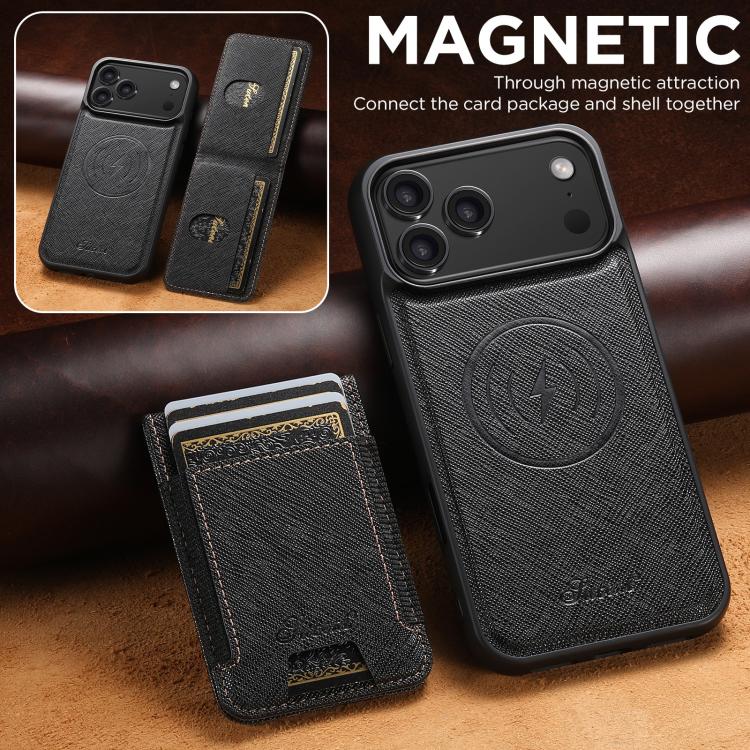 Suteni H17 Cross Grain Leather MagSafe Detachable Wallet Phone Case