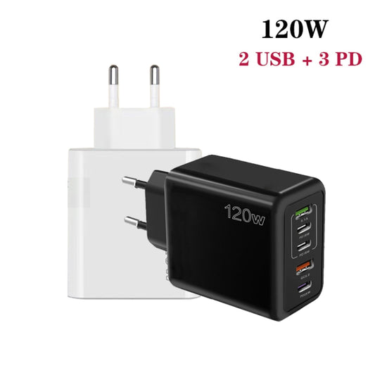 120W 3 PD Type-C Dual USB Multi Port Charger for Mobile Phones, EU Plug, EU Plug