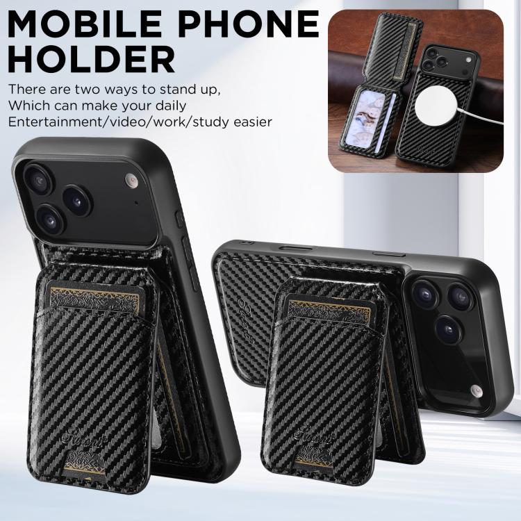Suteni TXWH18 Carbon Fiber Texture Detachable Wallet MagSafe Phone Case