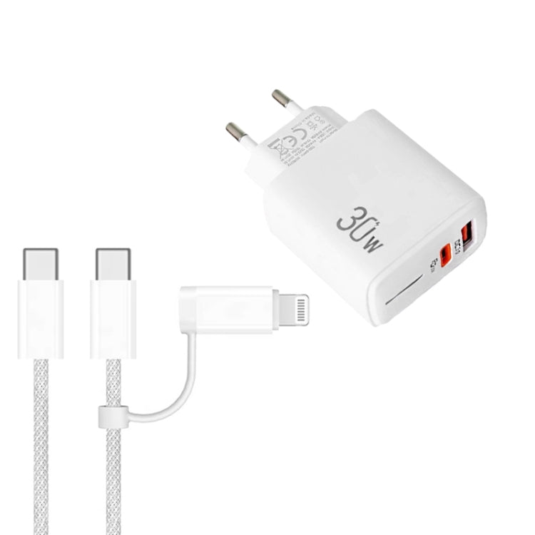 PD31 30W USB-C / Type-C + USB-A Charger with Type-C+8 Pin 2-in-1 Data Cable, EU Plug, EU Plug + 2-in-1 Data Cable