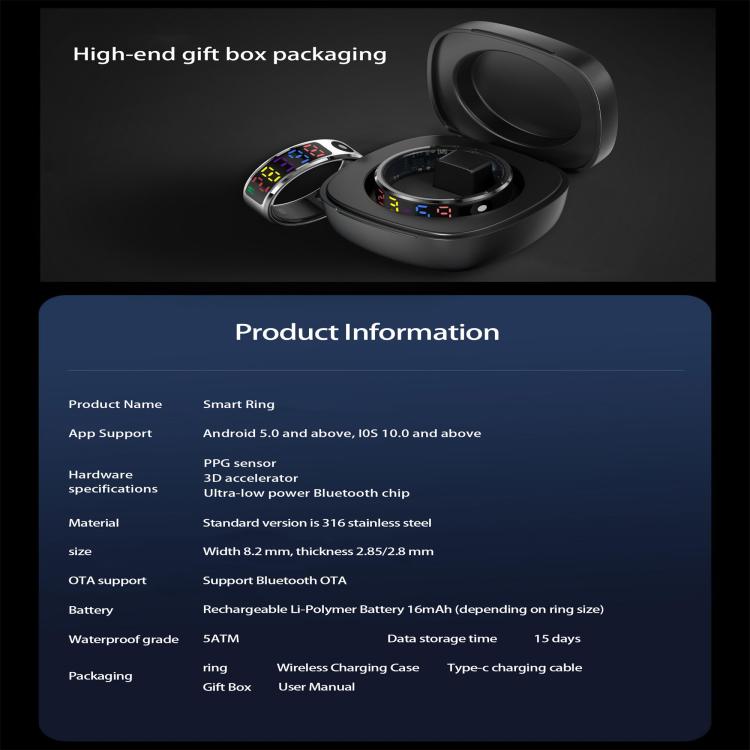 R12 SIZE 9 Smart Ring, Support Heart Rate / Blood Oxygen / Sleep / Multiple Sports Modes