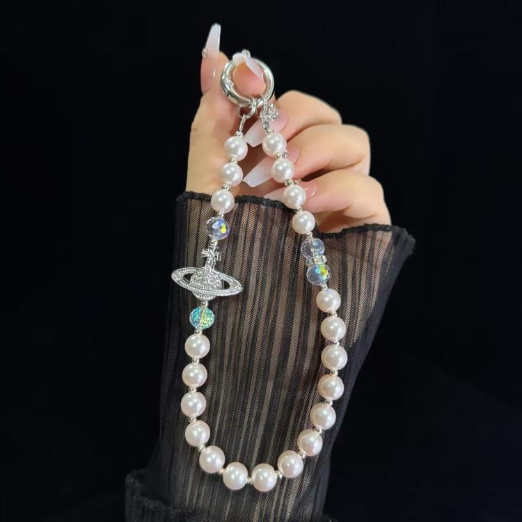 Alloy Saturn Crystal Pearl Phone Chain