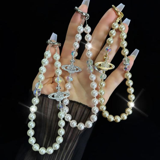 Alloy Saturn Crystal Pearl Phone Chain
