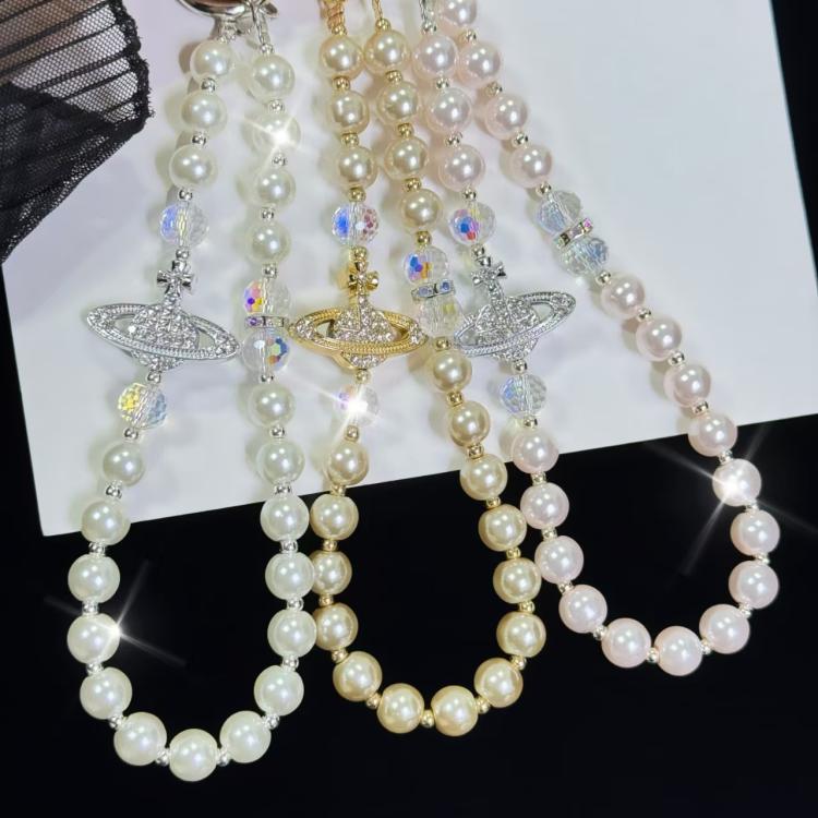 Alloy Saturn Crystal Pearl Phone Chain