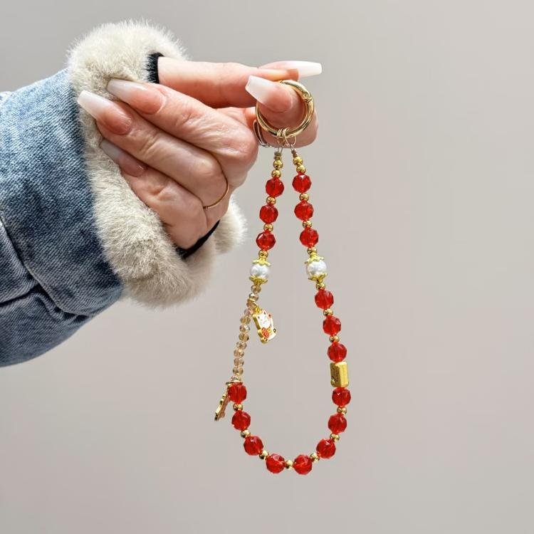 Fortune Red Crystal Phone Chain, Lucky Cat, God Of Wealth, Fu Word