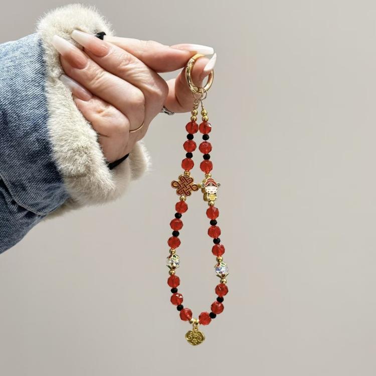 Fortune Red Crystal Phone Chain, Lucky Cat, God Of Wealth, Fu Word
