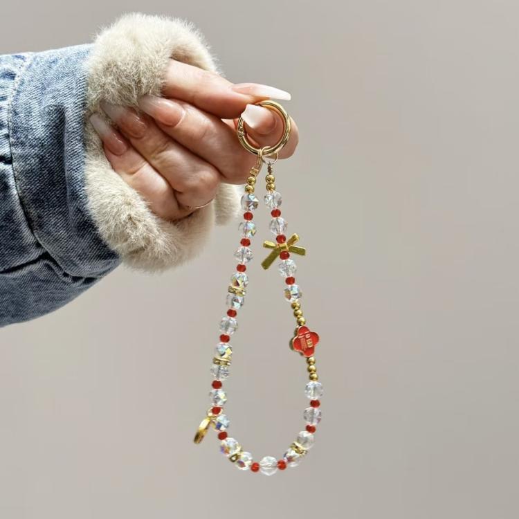 Fortune Red Crystal Phone Chain, Lucky Cat, God Of Wealth, Fu Word