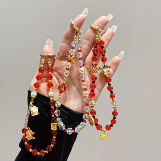 Fortune Red Crystal Phone Chain, Lucky Cat, God Of Wealth, Fu Word