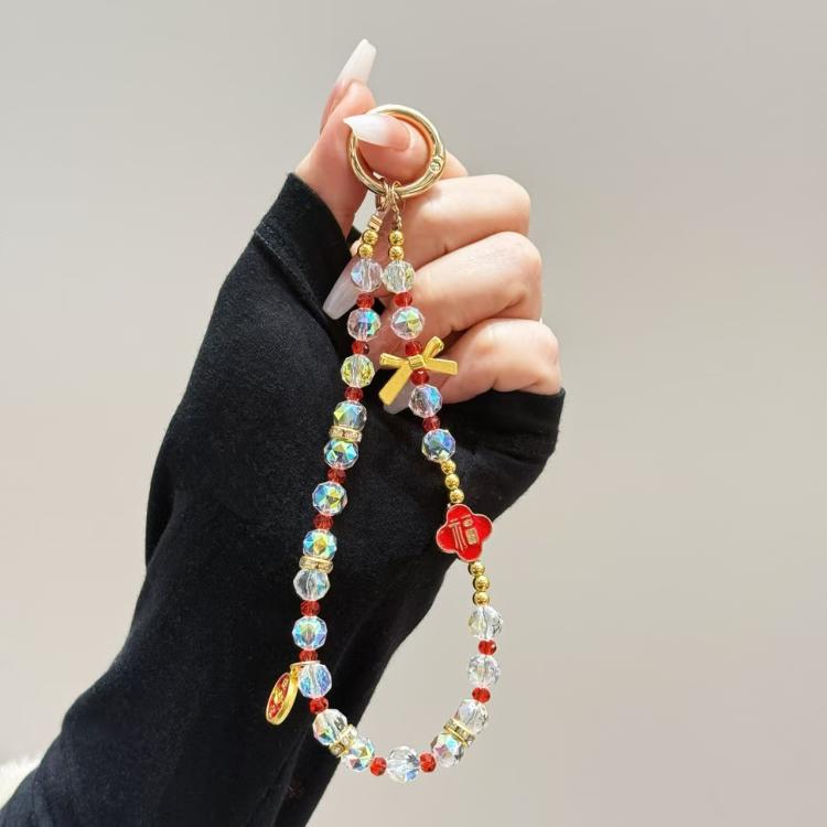 Fortune Red Crystal Phone Chain, Lucky Cat, God Of Wealth, Fu Word